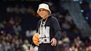 Apr 5, 2025; Tampa, FL, USA; South Carolina Gamecocks  head coach Dawn Staley looks on during practice before the NCAA Woman’s Basketball final at Amalie Arena. Mandatory Credit: Nathan Ray Seebeck-Imagn Images