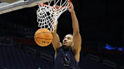 Mar 18, 2024; Dayton, OH, USA; Howard Bison forward Miles Stewart (4) dunks during NCAA Tournament First Four Practice at UD Arena. Mandatory Credit: Rick Osentoski-Imagn Images