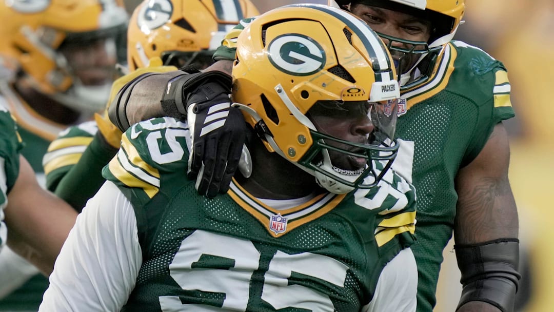 Green Bay Packers defensive tackle Devonte Wyatt (95) celebrates his sack of Detroit Lions quarterback Jared Goff during the fourth quarter of their game Sunday, September 7, 2025, at Lambeau Field in Green Bay, Wisconsin. The Green Bay Packers beat the Detroit Lions 27-13.