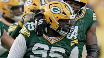 Green Bay Packers defensive tackle Devonte Wyatt (95) celebrates his sack of Detroit Lions quarterback Jared Goff during the fourth quarter of their game Sunday, September 7, 2025, at Lambeau Field in Green Bay, Wisconsin. The Green Bay Packers beat the Detroit Lions 27-13.