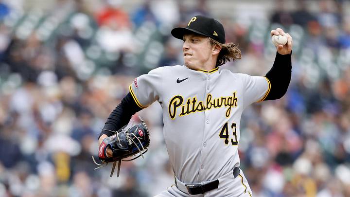 Jun 19, 2025; Detroit, Michigan, USA;  Pittsburgh Pirates pitcher Ryan Borucki (43) pitches in the eighth inning against the Detroit Tigers at Comerica Park. Mandatory Credit: Rick Osentoski-Imagn Images
