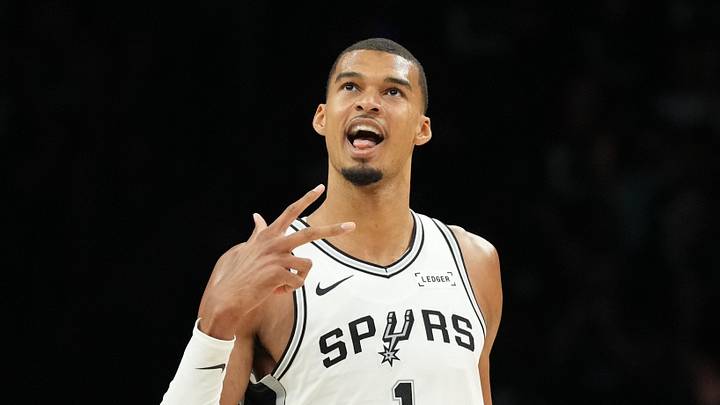 May 8, 2026; Minneapolis, Minnesota, USA; San Antonio Spurs forward Victor Wembanyama (1) celebrates making a three point shot against the  Minnesota Timberwolves in the second half during game three of the second round of the 2026 NBA Playoffs at Target Center. Mandatory Credit: Jesse Johnson-Imagn Images