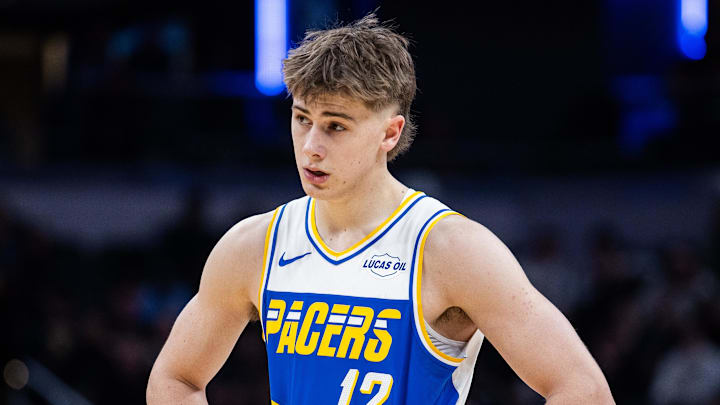 Indiana Pacers guard Johnny Furphy (12) in the second half against the Utah Jazz at Gainbridge Fieldhouse.