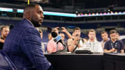 Jul 25, 2024; Indianapolis, IN, USA; Michigan Wolverines head coach Sherrone Moore speaks to the media during the Big 10 football media day at Lucas Oil Stadium. Mandatory Credit: Robert Goddin-USA TODAY Sports