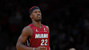 Nov 26, 2024; Miami, Florida, USA; Miami Heat forward Jimmy Butler (22) looks on against the Milwaukee Bucks during the fourth quarter at Kaseya Center. Mandatory Credit: Sam Navarro-Imagn Images