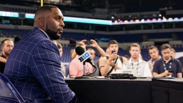 Jul 25, 2024; Indianapolis, IN, USA; Michigan Wolverines head coach Sherrone Moore speaks to the media during the Big 10 football media day at Lucas Oil Stadium. Mandatory Credit: Robert Goddin-USA TODAY Sports