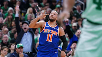 May 5, 2025; Boston, Massachusetts, USA; New York Knicks guard Jalen Brunson (11) reacts after his three point basket against the Boston Celtics in the second quarter during game one of the second round for the 2025 NBA Playoffs at TD Garden. Mandatory Credit: David Butler II-Imagn Images