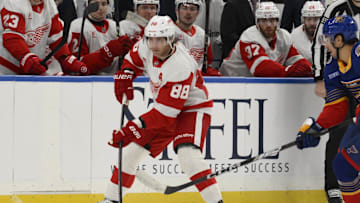 Apr 1, 2025; St. Louis, Missouri, USA; Detroit Red Wings right wing Patrick Kane (88) skates against the St. Louis Blues during the third period at Enterprise Center. Mandatory Credit: Jeff Le-Imagn Images