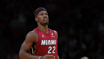 Nov 26, 2024; Miami, Florida, USA; Miami Heat forward Jimmy Butler (22) looks on against the Milwaukee Bucks during the fourth quarter at Kaseya Center. Mandatory Credit: Sam Navarro-Imagn Images