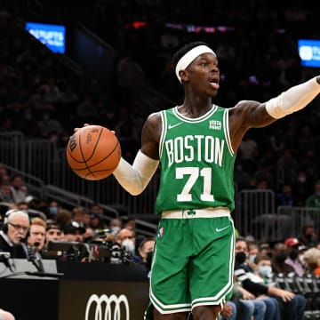 Jan 2, 2022; Boston, Massachusetts, USA; Boston Celtics guard Dennis Schroder (71) calls a play during the first quarter against the Orlando Magic at the TD Garden. Mandatory Credit: Brian Fluharty-USA TODAY Sports