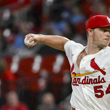 Jul 8, 2025; St. Louis, Missouri, USA;  St. Louis Cardinals starting pitcher Sonny Gray (54) pitches against the Washington Nationals during the first inning at Busch Stadium. Mandatory Credit: Jeff Curry-Imagn Images