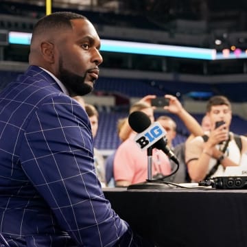 Jul 25, 2024; Indianapolis, IN, USA; Michigan Wolverines head coach Sherrone Moore speaks to the media during the Big 10 football media day at Lucas Oil Stadium. Mandatory Credit: Robert Goddin-USA TODAY Sports