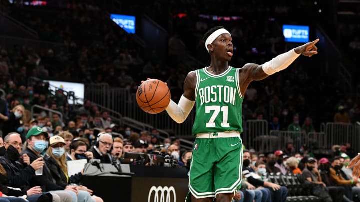 Jan 2, 2022; Boston, Massachusetts, USA; Boston Celtics guard Dennis Schroder (71) calls a play during the first quarter against the Orlando Magic at the TD Garden. Mandatory Credit: Brian Fluharty-USA TODAY Sports