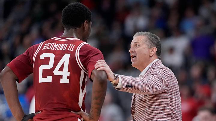 Mar 22, 2025; Providence, RI, USA; Arkansas Razorbacks head coach John Calipari talks to forward Billy Richmond III (24) during the second half of a second round men’s NCAA Tournament game against the St. John's Red Storm at Amica Mutual Pavilion. Mandatory Credit: Gregory Fisher-Imagn Images