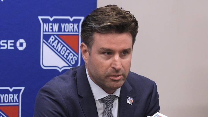 May 8, 2025; Tarrytown, NY, USA;  New York Rangers president and general manager Chris Drury speaks during a press conference to introduce new head coach Mike Sullivan at the MSG Training Center in Tarrytown, New York May 8, 2025. Mandatory Credit: Peter Carr/USA TODAY NETWORK via Imagn Images