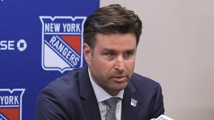 May 8, 2025; Tarrytown, NY, USA;  New York Rangers president and general manager Chris Drury speaks during a press conference to introduce new head coach Mike Sullivan at the MSG Training Center in Tarrytown, New York May 8, 2025. Mandatory Credit: Peter Carr/USA TODAY NETWORK via Imagn Images