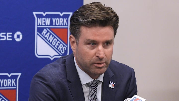 May 8, 2025; Tarrytown, NY, USA;  New York Rangers president and general manager Chris Drury speaks during a press conference to introduce new head coach Mike Sullivan at the MSG Training Center in Tarrytown, New York May 8, 2025. 