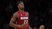 Nov 26, 2024; Miami, Florida, USA; Miami Heat forward Jimmy Butler (22) looks on against the Milwaukee Bucks during the fourth quarter at Kaseya Center. Mandatory Credit: Sam Navarro-Imagn Images