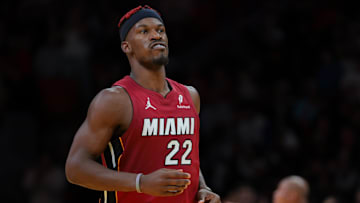 Nov 26, 2024; Miami, Florida, USA; Miami Heat forward Jimmy Butler (22) looks on against the Milwaukee Bucks during the fourth quarter at Kaseya Center. Mandatory Credit: Sam Navarro-Imagn Images