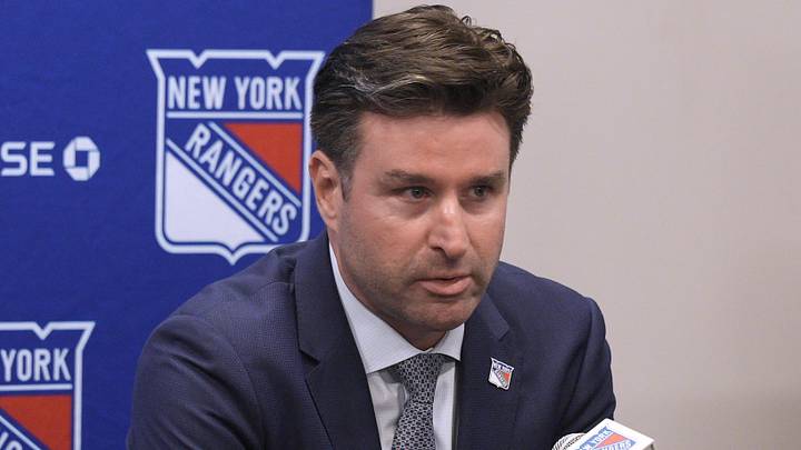 May 8, 2025; Tarrytown, NY, USA; New York Rangers president and general manager Chris Drury speaks during a press conference to introduce new head coach Mike Sullivan at the MSG Training Center in Tarrytown, New York May 8, 2025. May 8, 2025; Tarrytown, NY, USA; New York Rangers president and general manager Chris Drury speaks during a press conference to introduce new head coach Mike Sullivan at the MSG Training Center in Tarrytown, New York May 8, 2025.