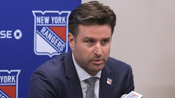 NY Rangers president and general manager Chris Drury speaks during a press conference to introduce new head coach Mike Sullivan at the MSG Training Center in Tarrytown, New York May 8, 2025.