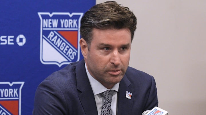 NY Rangers president and general manager Chris Drury speaks during a press conference to introduce new head coach Mike Sullivan at the MSG Training Center in Tarrytown, New York May 8, 2025.