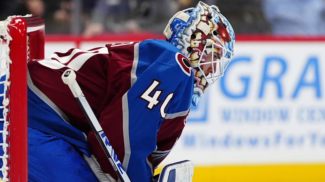 Oct 16, 2024; Denver, Colorado, USA; Colorado Avalanche goaltender Alexandar Georgiev (40) following a goal allowed in the first period against the Boston Bruins at Ball Arena. Mandatory Credit: Ron Chenoy-Imagn Images