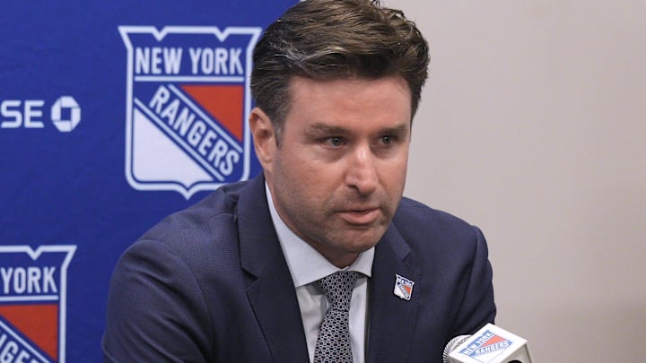NY Rangers president and general manager Chris Drury speaks during a press conference to introduce new head coach Mike Sullivan at the MSG Training Center in Tarrytown, New York May 8, 2025.