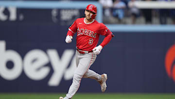 Aug 24, 2024; Toronto, Ontario, CAN; Los Angeles Angels left fielder Taylor Ward (3) runs the bases after hitting a solo home run to break a no hitter by Toronto Blue Jays starting pitcher Bowden Francis (not pictured) during the  ninth inning at Rogers Centre. Mandatory Credit: John E. Sokolowski-Imagn Images