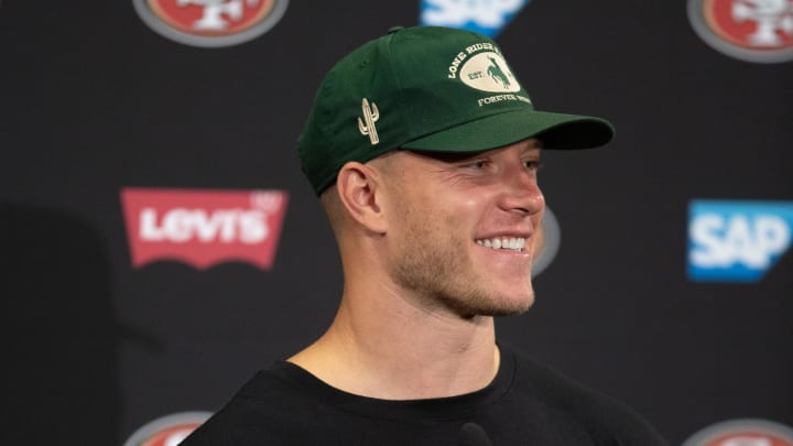 Jul 25, 2024; Santa Clara, CA, USA; San Francisco 49ers running back Christian McCaffrey answers questions at a press conference following Day 3 of training camp at SAP Performance Facility. Mandatory Credit: D. Ross Cameron-USA TODAY Sports