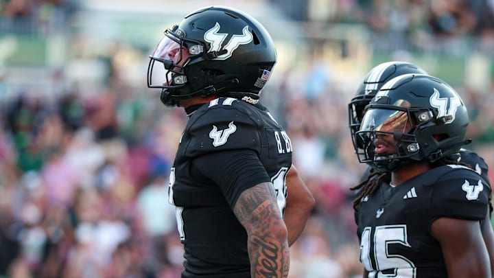 Aug 28, 2025; Tampa, Florida, USA; South Florida Bulls quarterback Byrum Brown (17) reacts after scoring a touchdown against the Boise State Broncos in the second quarter at Raymond James Stadium. Mandatory Credit: Nathan Ray Seebeck-Imagn Images