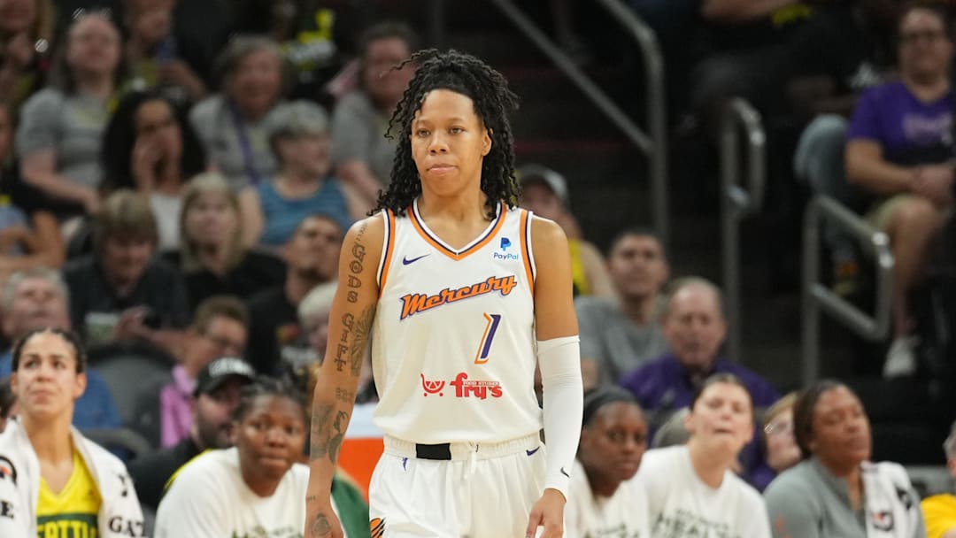 Aug 5, 2023; Phoenix, Arizona, USA; Phoenix Mercury guard Sug Sutton (1) looks on against the Seattle Storm during the first half at Footprint Center. Mandatory Credit: Joe Camporeale-Imagn Images