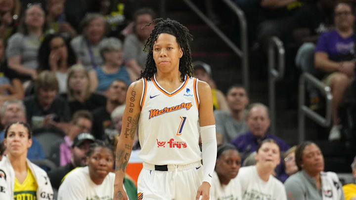 Aug 5, 2023; Phoenix, Arizona, USA; Phoenix Mercury guard Sug Sutton (1) looks on against the Seattle Storm during the first half at Footprint Center. Mandatory Credit: Joe Camporeale-Imagn Images