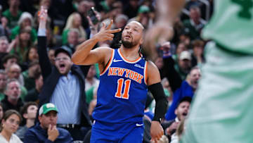 New York Knicks guard Jalen Brunson reacts after his three point basket against the Boston Celtics in the NBA Playoffs