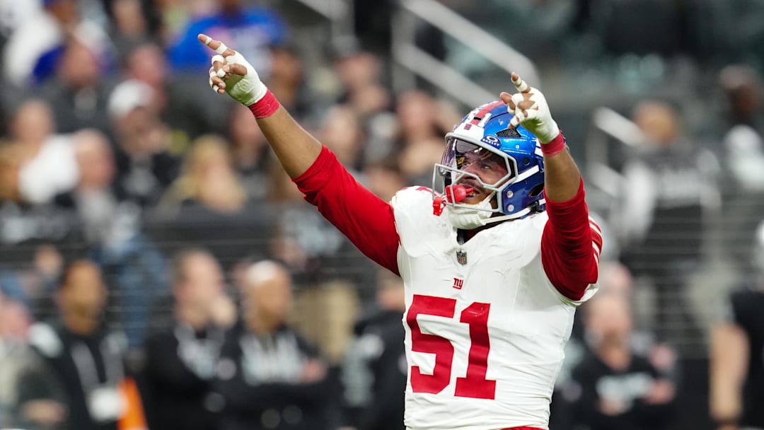 Dec 28, 2025; Paradise, Nevada, USA; New York Giants outside linebacker Abdul Carter (51) reacts in the second quarter against the Las Vegas Raiders at Allegiant Stadium.  