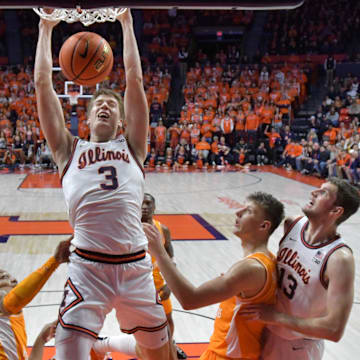 Dec 14, 2024; Champaign, Illinois, USA;  Illinois Fighting Illini forward Ben Humrichous (3) dunks the ball during the second half against the Tennessee Volunteers at State Farm Center. Mandatory Credit: Ron Johnson-Imagn Images