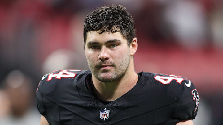 Sep 29, 2024; Atlanta, Georgia, USA; Atlanta Falcons linebacker Troy Andersen (44) walks off the field after a game against the New Orleans Saints at Mercedes-Benz Stadium. Mandatory Credit: Brett Davis-Imagn Images
