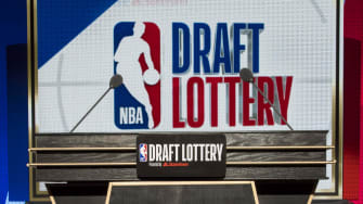 May 15, 2018; Chicago, IL, USA; The podium with logos is seen prior to the 2018 NBA Draft Lottery at