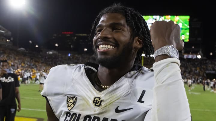 Oct 7, 2023; Tempe, Arizona, USA; Colorado Buffaloes quarterback Shedeur Sanders (2) celebrates after defeating the Arizona State Sun Devils at Mountain America Stadium, Home of the ASU Sun Devils.