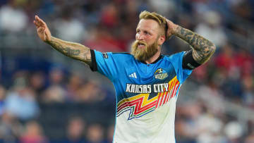 Aug 5, 2024; Kansas City, Kansas, USA; Sporting Kansas City forward Johnny Russell (7) reacts during the second half against Toluca at Children's Mercy Park. Mandatory Credit: Jay Biggerstaff-USA TODAY Sports