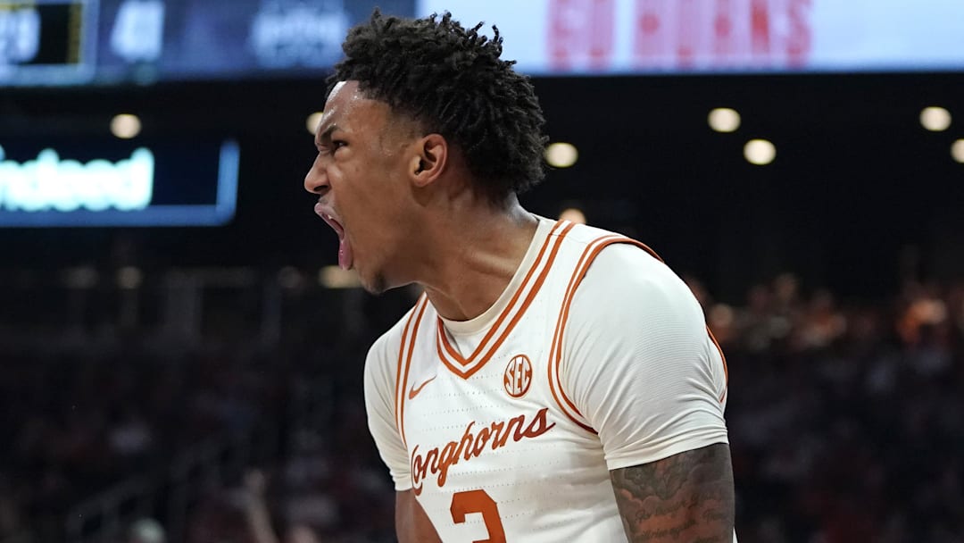 Jan 3, 2026; Austin, Texas, USA; Texas Longhorns guard Dailyn Swain (3) celebrates a basket against the Mississippi State Bulldogs during the first half at Moody Center. Mandatory Credit: Dustin Safranek-Imagn Images