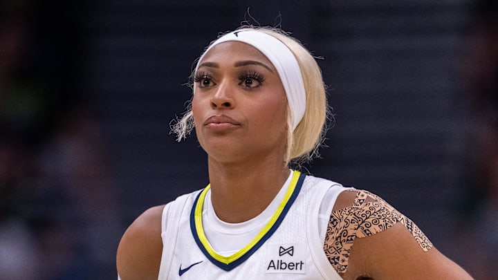 Jul 22, 2025; Seattle, Washington, USA;  Dallas Wings guard DiJonai Carrington (21) is pictured during a game against the Seattle Storm at Climate Pledge Arena. Mandatory Credit: Stephen Brashear-Imagn Images