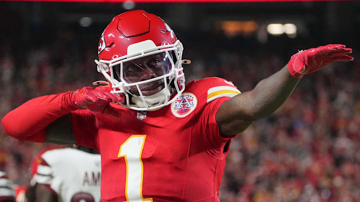 Oct 27, 2025; Kansas City, Missouri, USA; Kansas City Chiefs wide receiver Xavier Worthy (1) celebrates after a play against the Washington Commanders during the first quarter of the game at GEHA Field at Arrowhead Stadium.