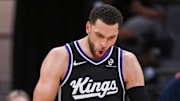 Oct 26, 2025; Sacramento, California, USA; Sacramento Kings guard Zach LaVine (8) reacts after scoring against the Los Angeles Lakers during the fourth quarter at Golden 1 Center.
