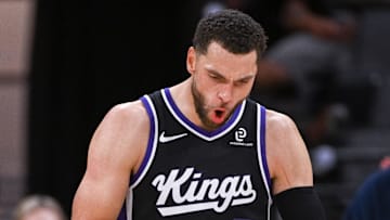 Oct 26, 2025; Sacramento, California, USA; Sacramento Kings guard Zach LaVine (8) reacts after scoring against the Los Angeles Lakers during the fourth quarter at Golden 1 Center.