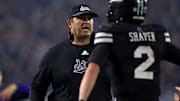 Mississippi State Bulldogs head coach Jeff Lebby reacts with quarterback Blake Shapen (2) after a touchdown during the fourth quarter against the Arizona State Sun Devils at Davis Wade Stadium at Scott Field.