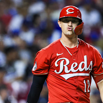 Jul 28, 2025; Cincinnati, Ohio, USA; Cincinnati Reds outfielder Austin Hays (12) reacts after a play in the eighth inning against the Los Angeles Dodgers at Great American Ball Park. Mandatory Credit: Katie Stratman-Imagn Images
