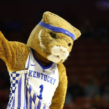 Mar 7, 2020; Greenville, SC, USA; The Kentucky Wildcats mascot dances during the second half against the Mississippi State Bulldogs at Bon Secours Wellness Arena. Mandatory Credit: Jeremy Brevard-USA TODAY Sports
