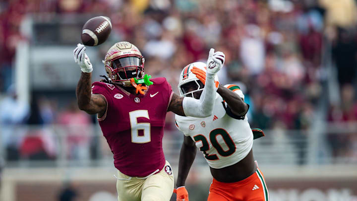 The Florida State Seminoles and the Miami Hurricanes are tied 10-10 at the half on Saturday, Nov. 11, 2023.