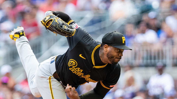 Pittsburgh Pirates pitcher Aroldis Chapman (45) pitches against the Atlanta Braves during the ninth inning at Truist Park on June 29.